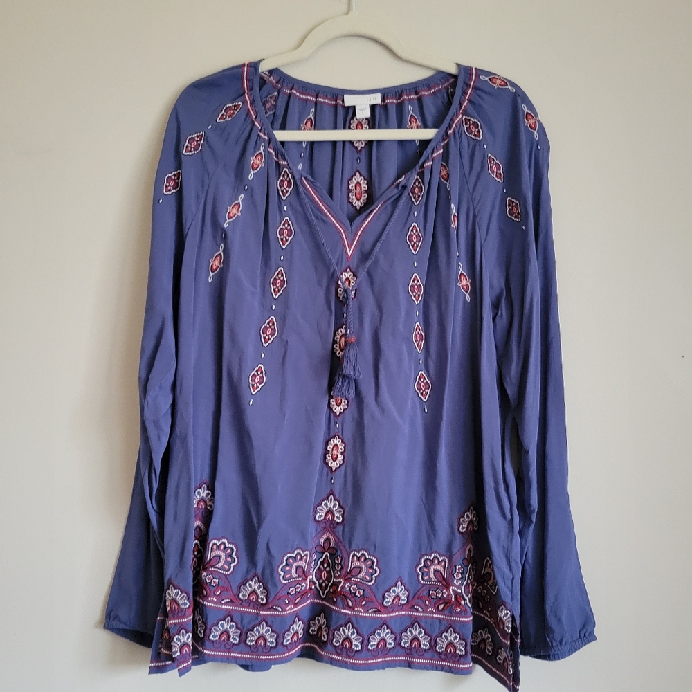 J.Jill Embroidery Western Aztec V-Neck Long Sleeve Blouse Tunic Tassels …
